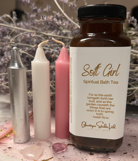 Soft Girl Bath Tea by Glamtique Studio, a handcrafted lilac spiritual bath for attraction, confidence and new beginnings.